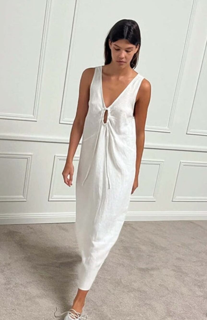 DEIJI STUDIOS Sz XS White Keyhole Dress Linen Midi Sleeveless NWT